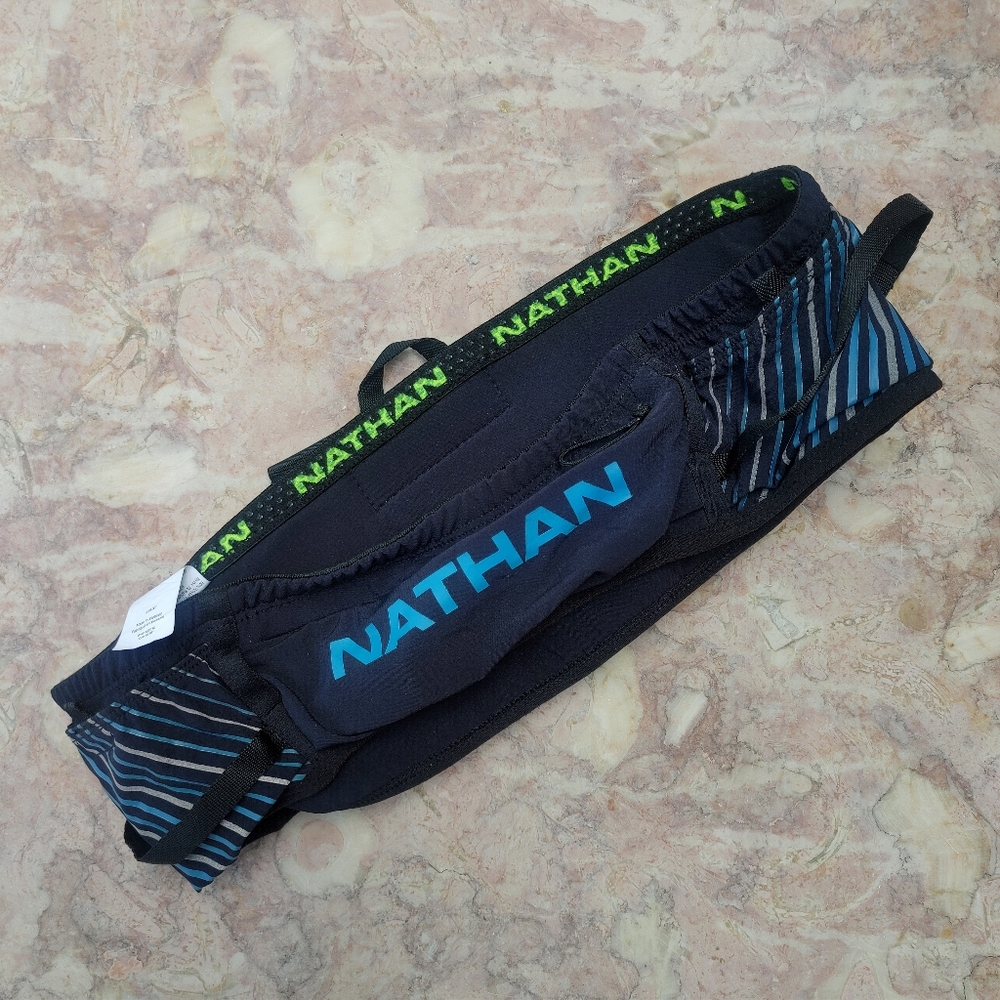 Nathan Running Belt with Blue Logo and Striped Accents